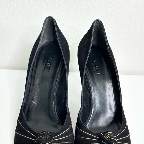 GUCCI Peep Toe Black Pumps with Gold Trim Size 37.5 NEW - Picture 7 of 8